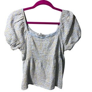 Hippie Rose Square Neck Puff Sleeve Peasant Blouse Blue Yellow Floral Print SzL